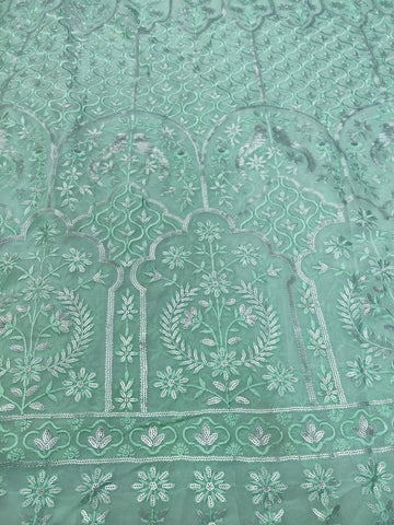 Bird-motif silver sequins georgette fabric Shade - Aqua sea green