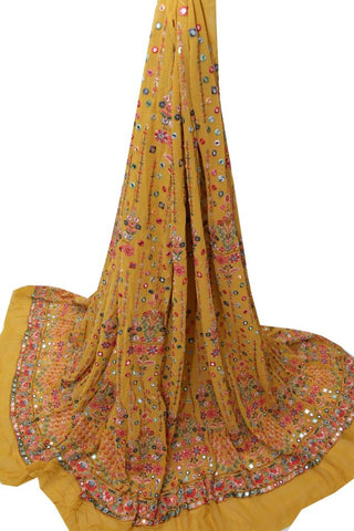 Mirror Work with Thread Embroidery Fabric - Ochre yellow - Rooh Silhouettes