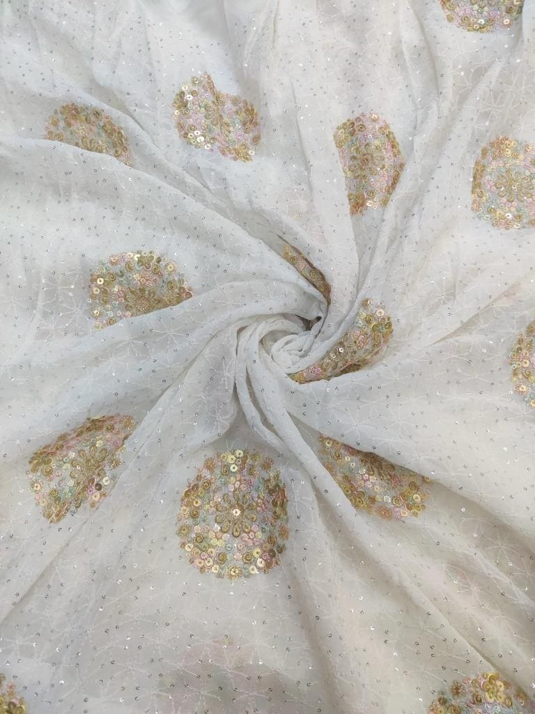 Dyeable Round Butta Embroidery Georgette Fabric - Peach butta - Rooh Silhouettes
