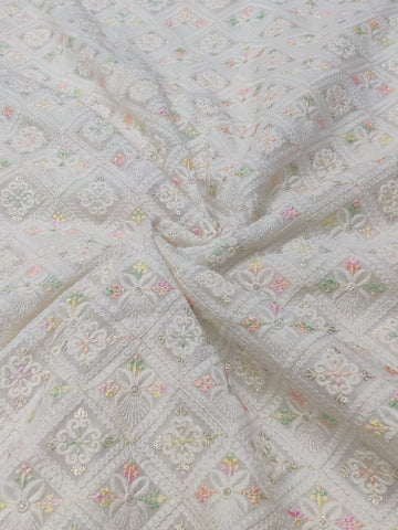 Lucknowi Chikankari with multi-colour thread embroidery fabric Shade - white dyeable.