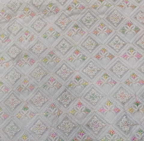 Lucknowi Chikankari with multi-colour thread embroidery fabric Shade - white dyeable.