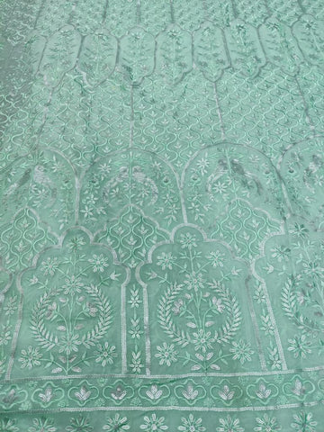 Bird-motif silver sequins georgette fabric Shade - Aqua sea green