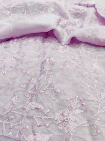 Designer thread Embroidery Organza Fabric(Lavendar / Lilac) Rooh Silhouettes 