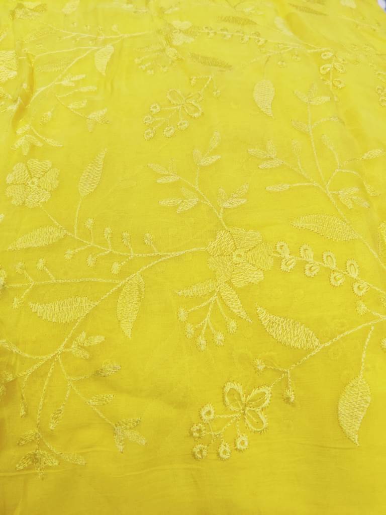Designer Thread embroidery Organza fabric(Lemon yellow) - Rooh Silhouettes