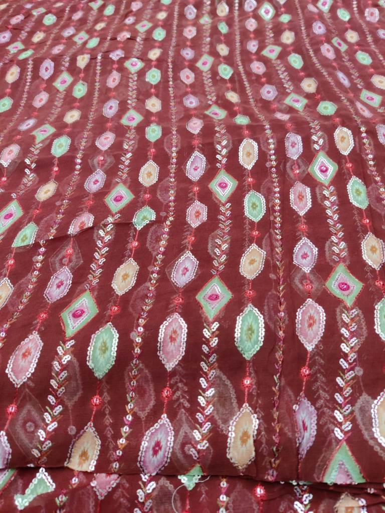 Georgette Print With Heavy embroidery fabric(Plum Maroon) - Rooh Silhouettes