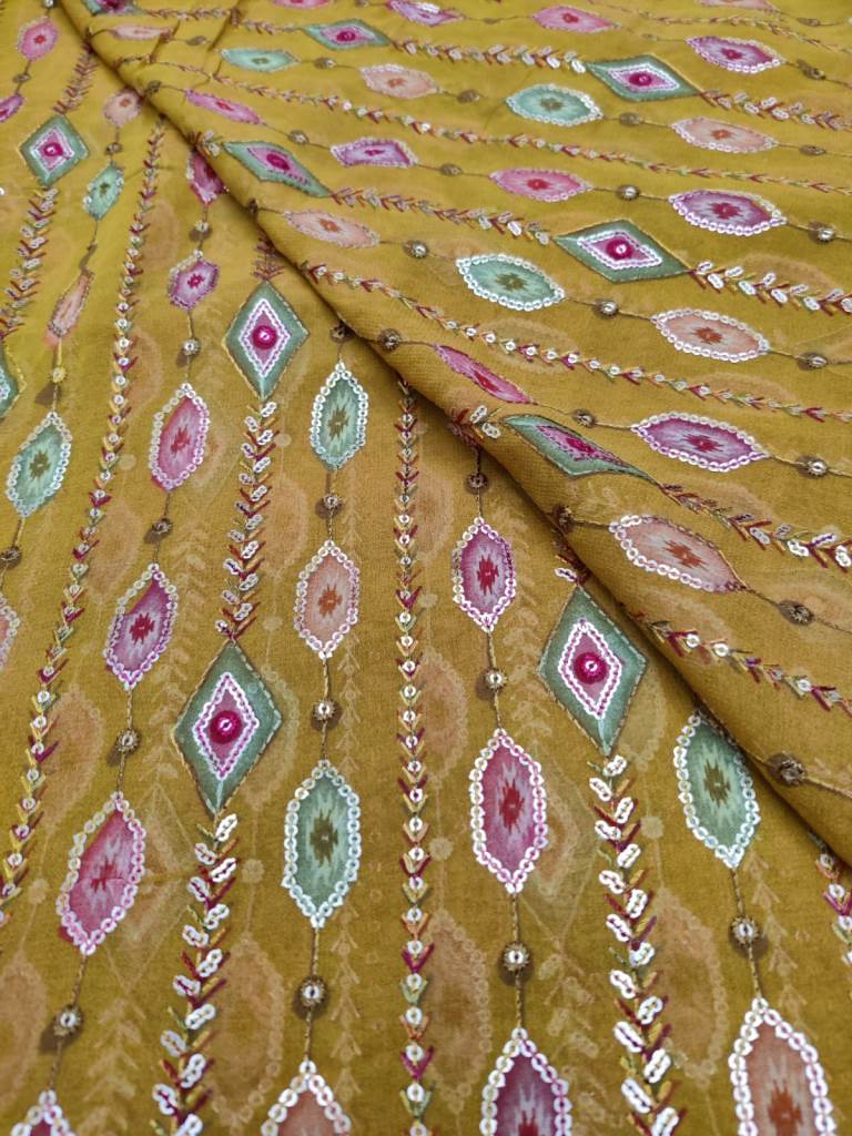 Georgette Print with Heavy embroidery(Ochre yellow) - Rooh Silhouettes