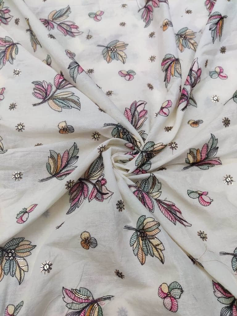 Cotton embroidery fabric(Base colour - Off white cream with pink flowers) Rooh Silhouettes 