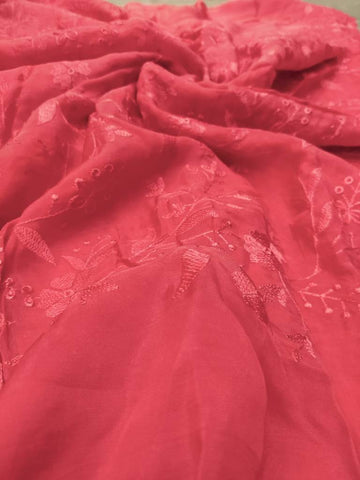 Designer Thread embroidery Organza fabric(Tomato Red) - Rooh Silhouettes