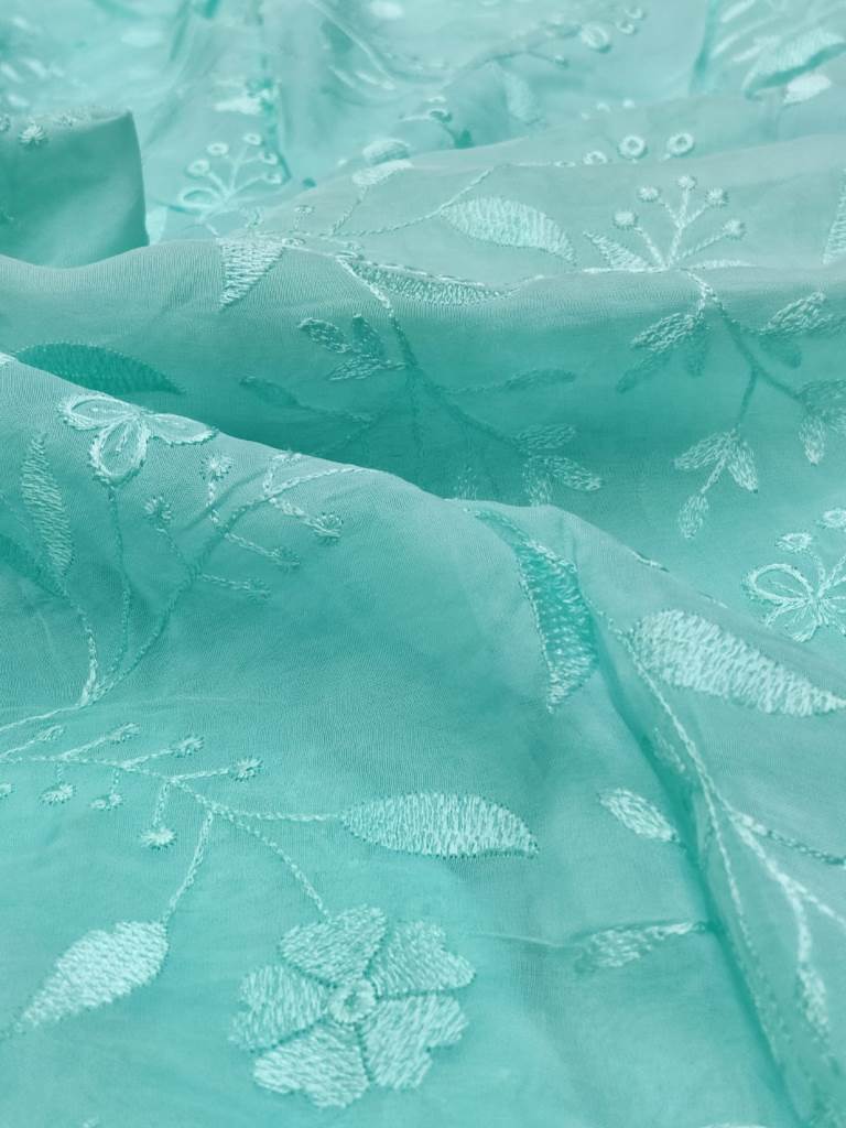 Designer Thread Embroidery Organza fabric(Aqua Blue) - Rooh Silhouettes