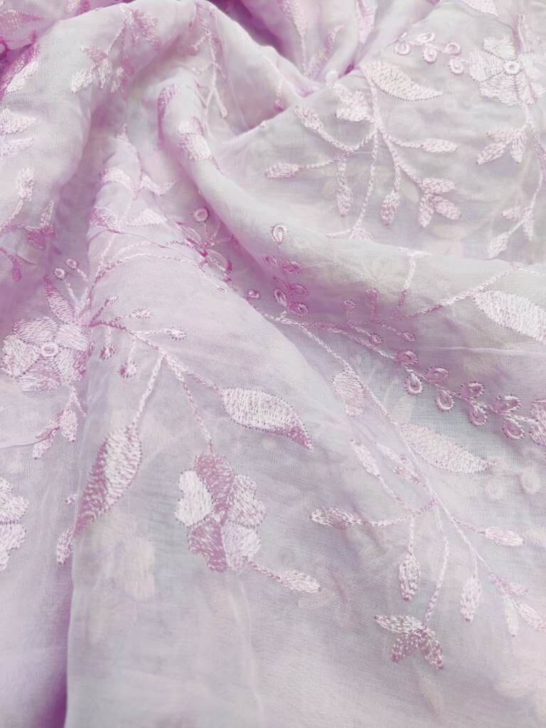 Designer thread Embroidery Organza Fabric(Lavendar / Lilac) Rooh Silhouettes 